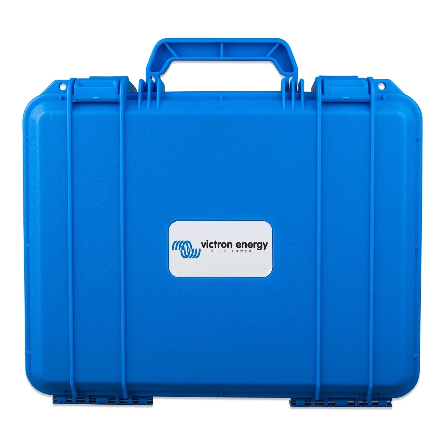 Blue protective carrying case with handle and Victron Energy branding label on front.