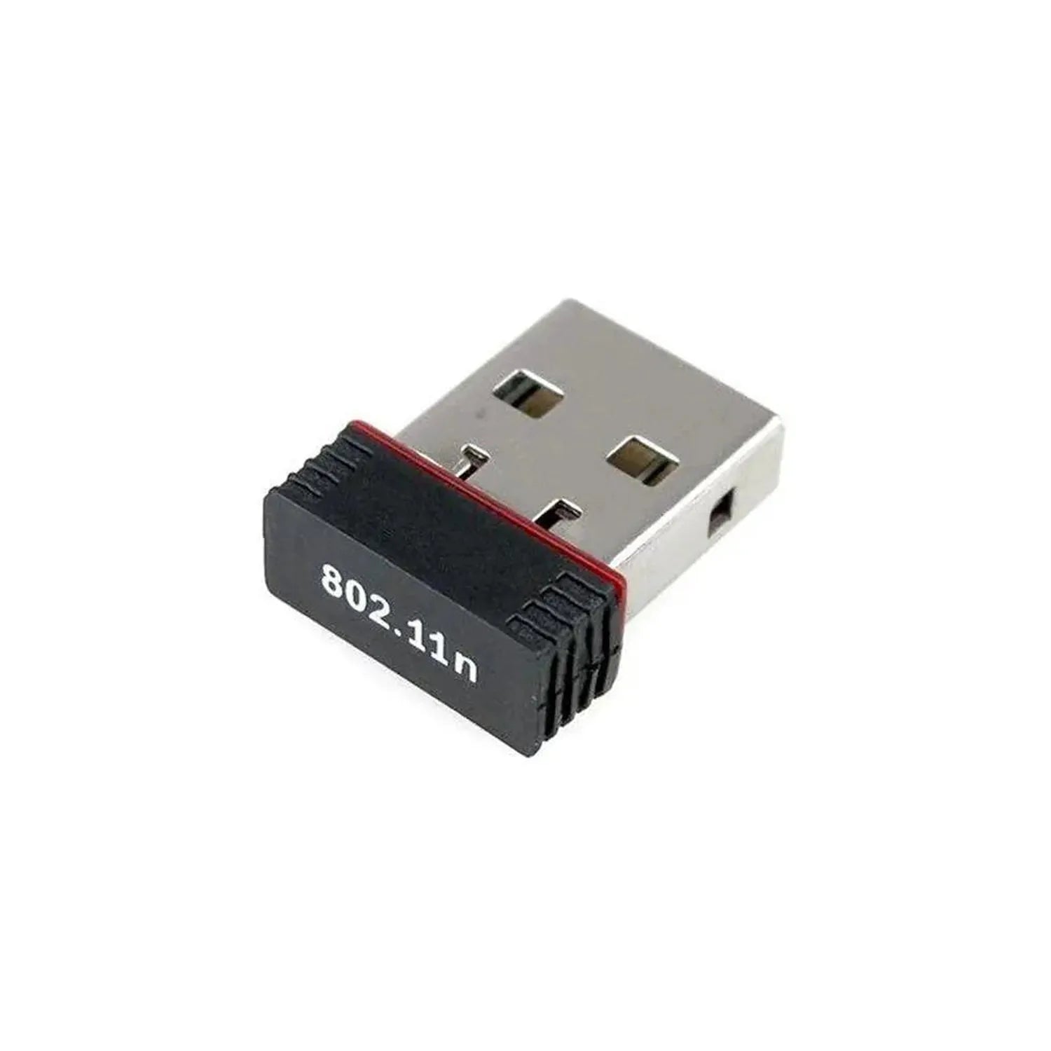 Compact USB wireless adapter labeled 802.11n with silver metal connector and black body against white background.