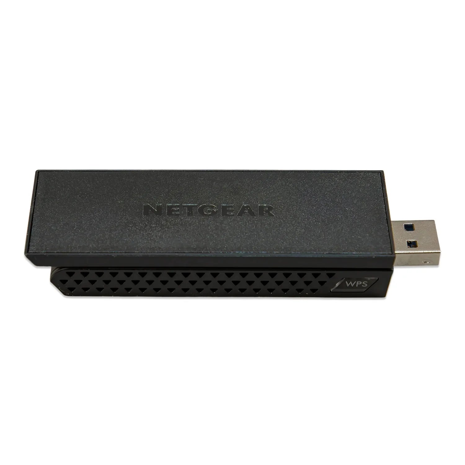 Netgear black USB WiFi adapter with WPS button, product alone on white background