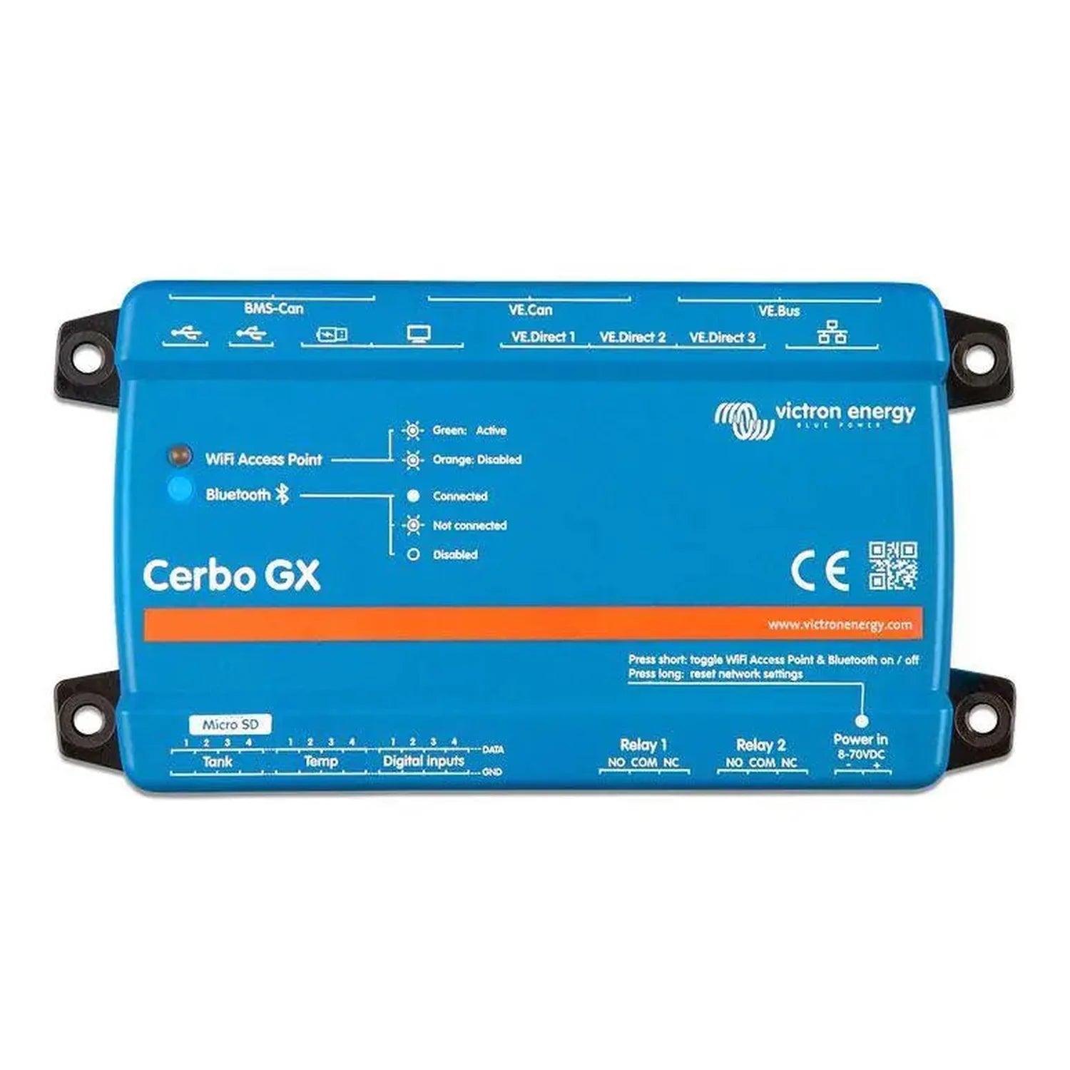 Victron Cerbo GX blue device showing connectivity ports and status indicators for BMS, VE.Can, and VE.Bus systems.