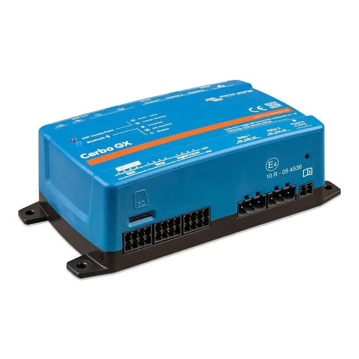 Blue Victron Cerbo GX communications device with orange stripe, mounted on black base plate, showing multiple connector ports