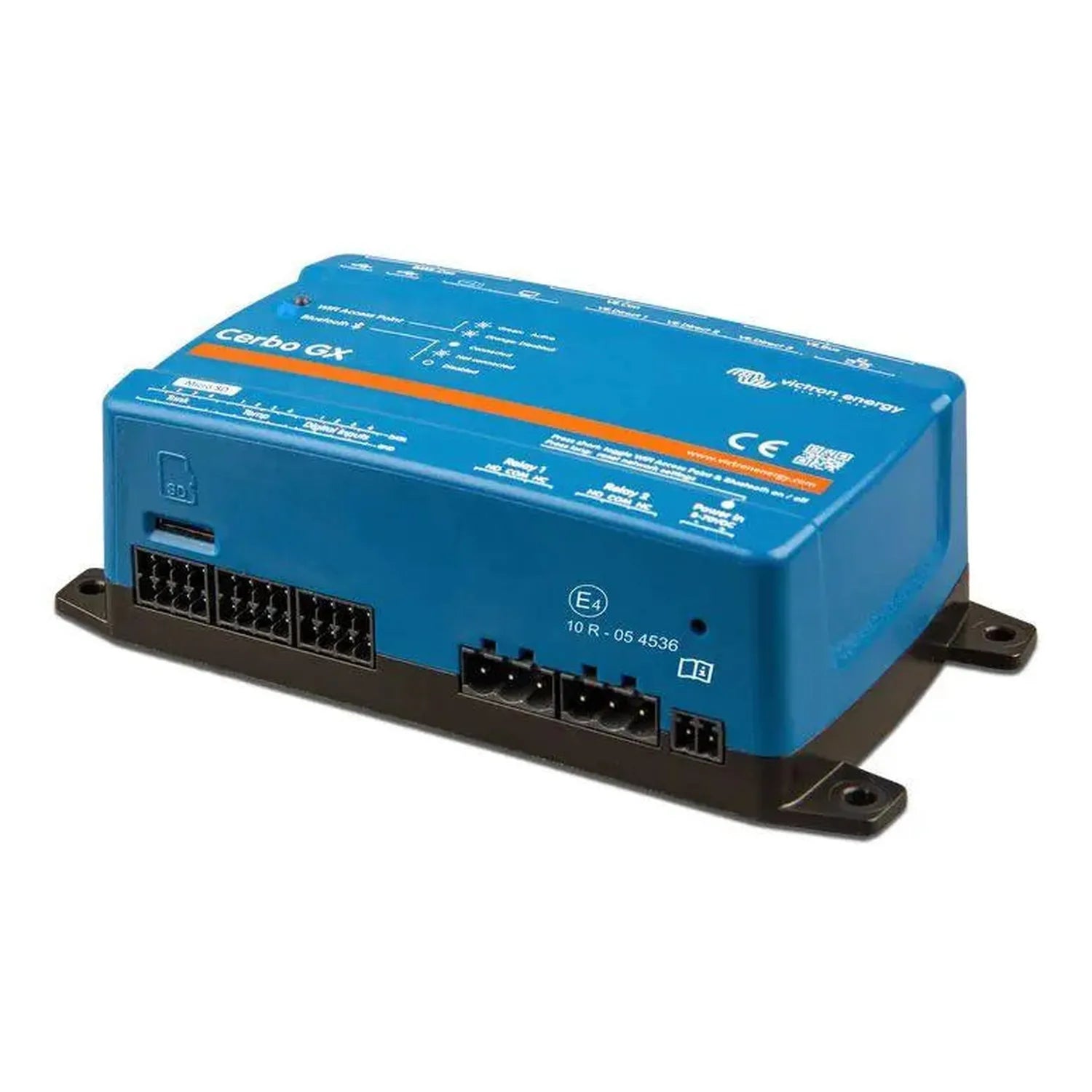 Blue rectangular Victron Cerbo GX communications device with orange stripe, multiple terminal connectors on black base, mount