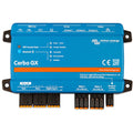 Victron Cerbo GX blue control module with connectivity icons, relay terminals, and power input ports visible from top view.