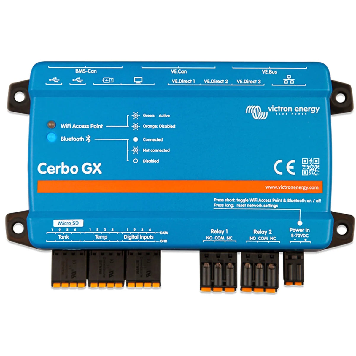 Victron Cerbo GX blue control module with connectivity icons, relay terminals, and power input ports visible from top view.