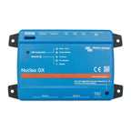 Victron Nucleo GX compact blue device with connectivity ports, SD card slot, and status indicators for WiFi and Bluetooth.