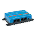 Blue Victron Nucleo GX compact device with orange stripe, showing four network ports and power connector on front face.