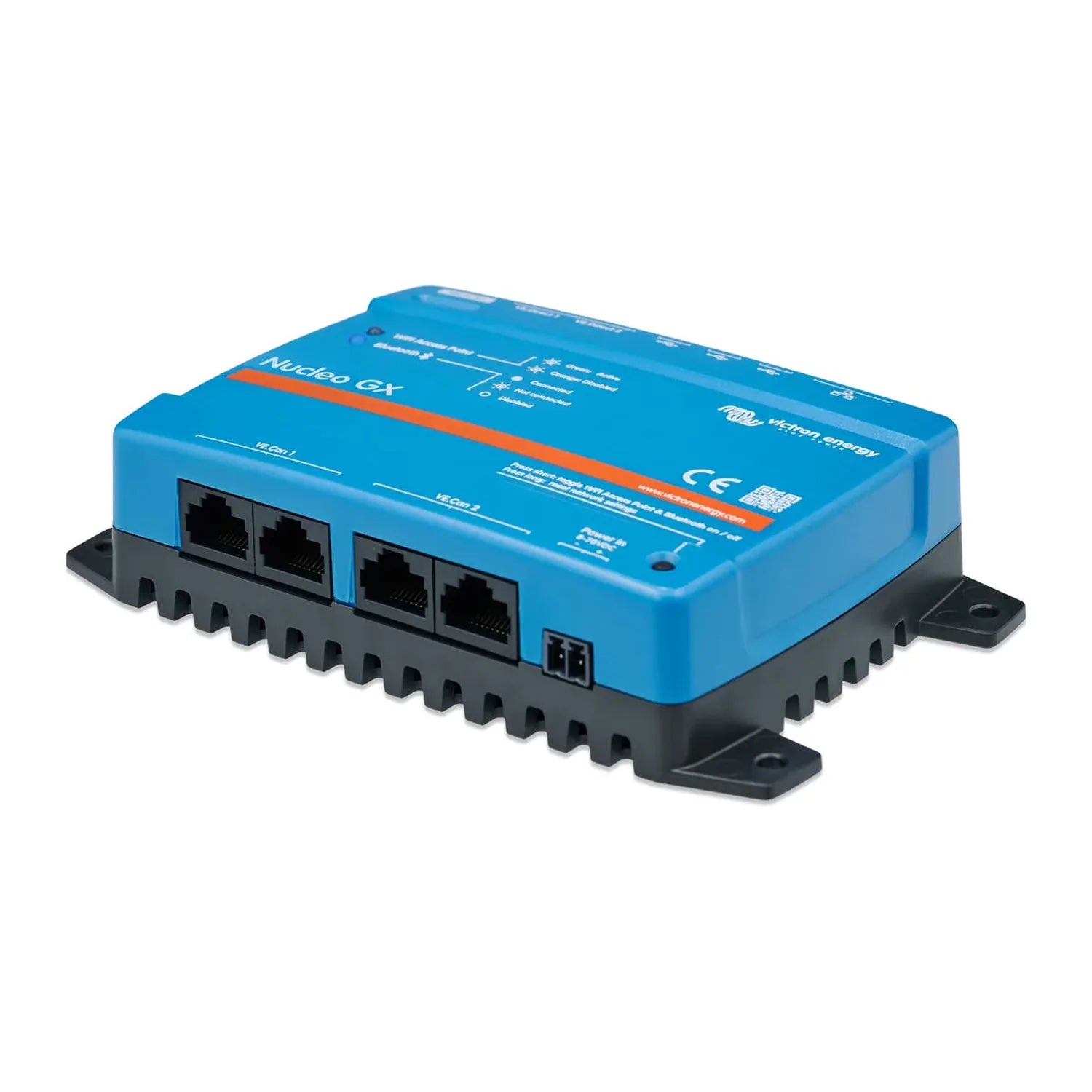 Blue Victron Nucleo GX compact device with four Ethernet ports and black heatsink base, product photo on white background.