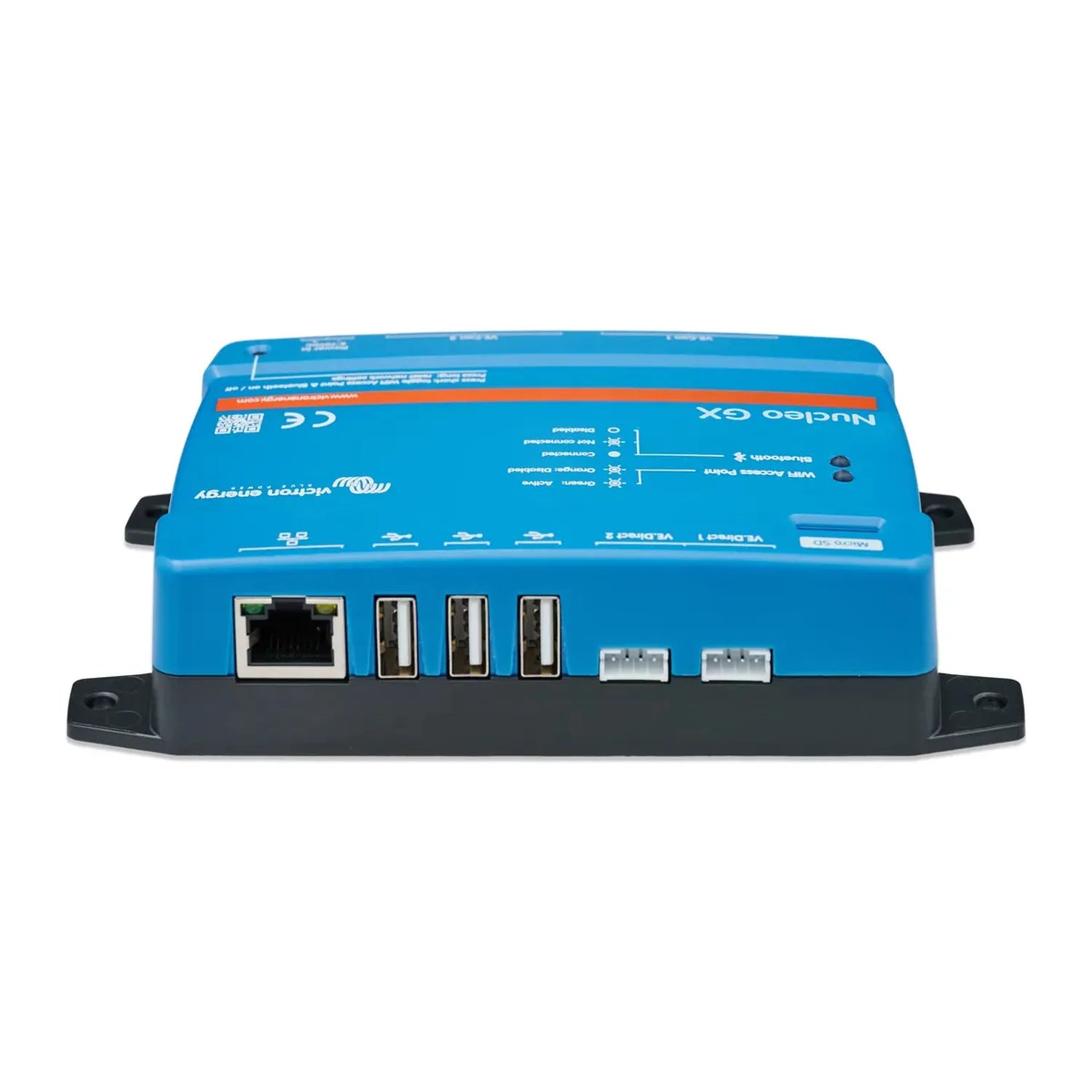 Blue compact GX device with ethernet port, three USB ports, and two terminal connectors on front panel.