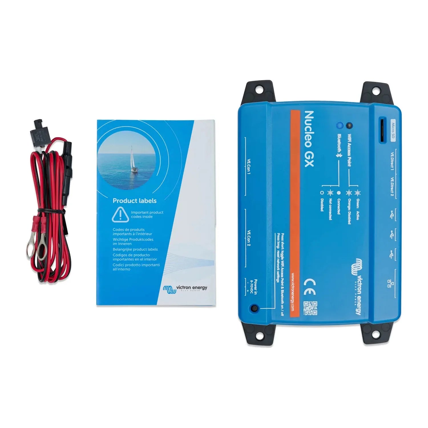 Victron Nucleo GX blue battery charger with mounting brackets, red cable, and product documentation displayed.