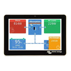Victron GX Touch 50 display showing energy monitoring diagram with Shore power 814W, battery at 95% charge, AC Loads 229W, an