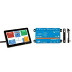 Victron Energy Cerbo GX controller and GX Touch 50 display showing real-time power monitoring with battery, shore, and AC loa