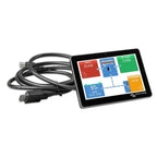 Victron GX Touch 70 touchscreen display with attached USB cable, showing energy monitoring dashboard with power flow diagram 
