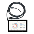 Victron GX Touch 50 display with attached USB cable showing battery, fuel, water levels and generator output of 874W on scree