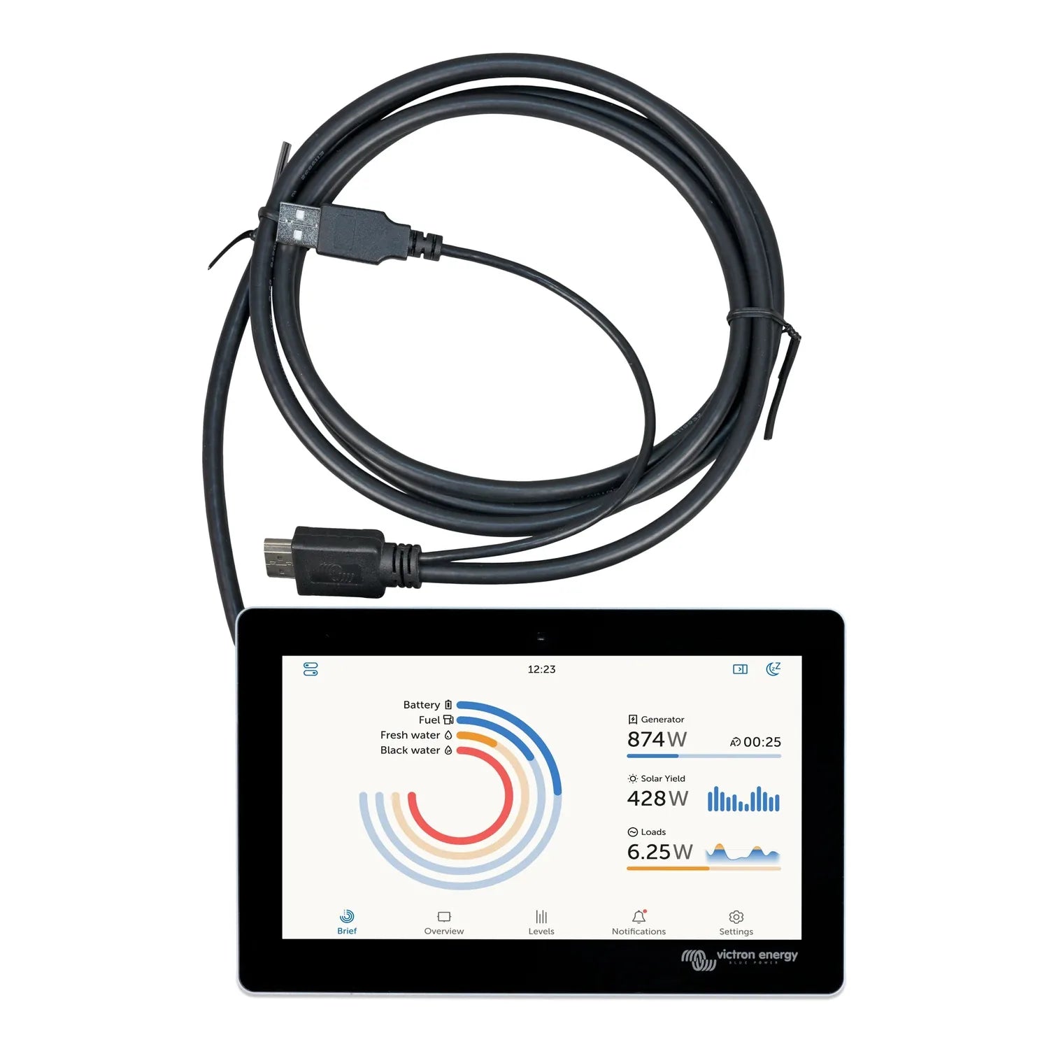 Victron GX Touch 50 display with attached USB cable showing battery, fuel, water levels and generator output of 874W on scree