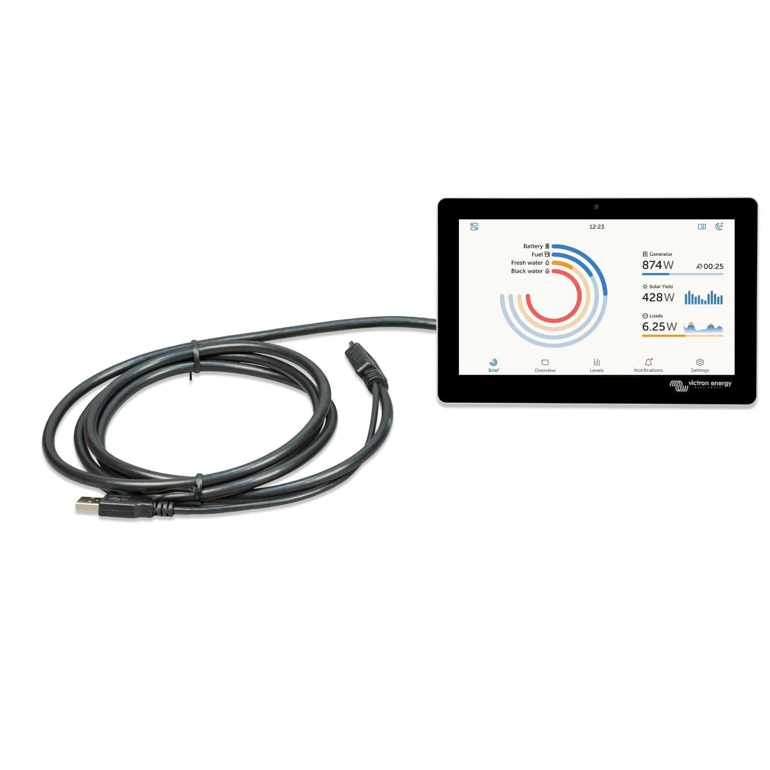Victron GX Touch 70 display with coiled black USB cable, showing real-time energy monitoring dashboard with battery, generato
