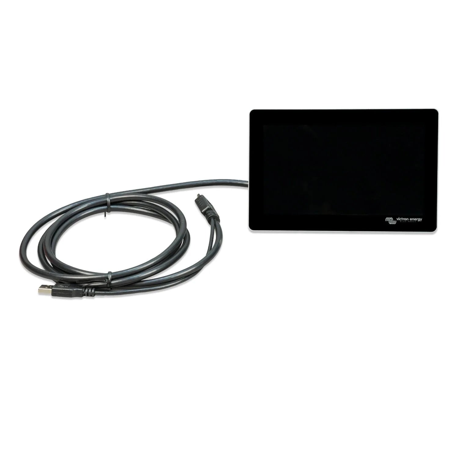 Victron Energy GX Touch 70 display with coiled black USB cable attached, shown on white background.