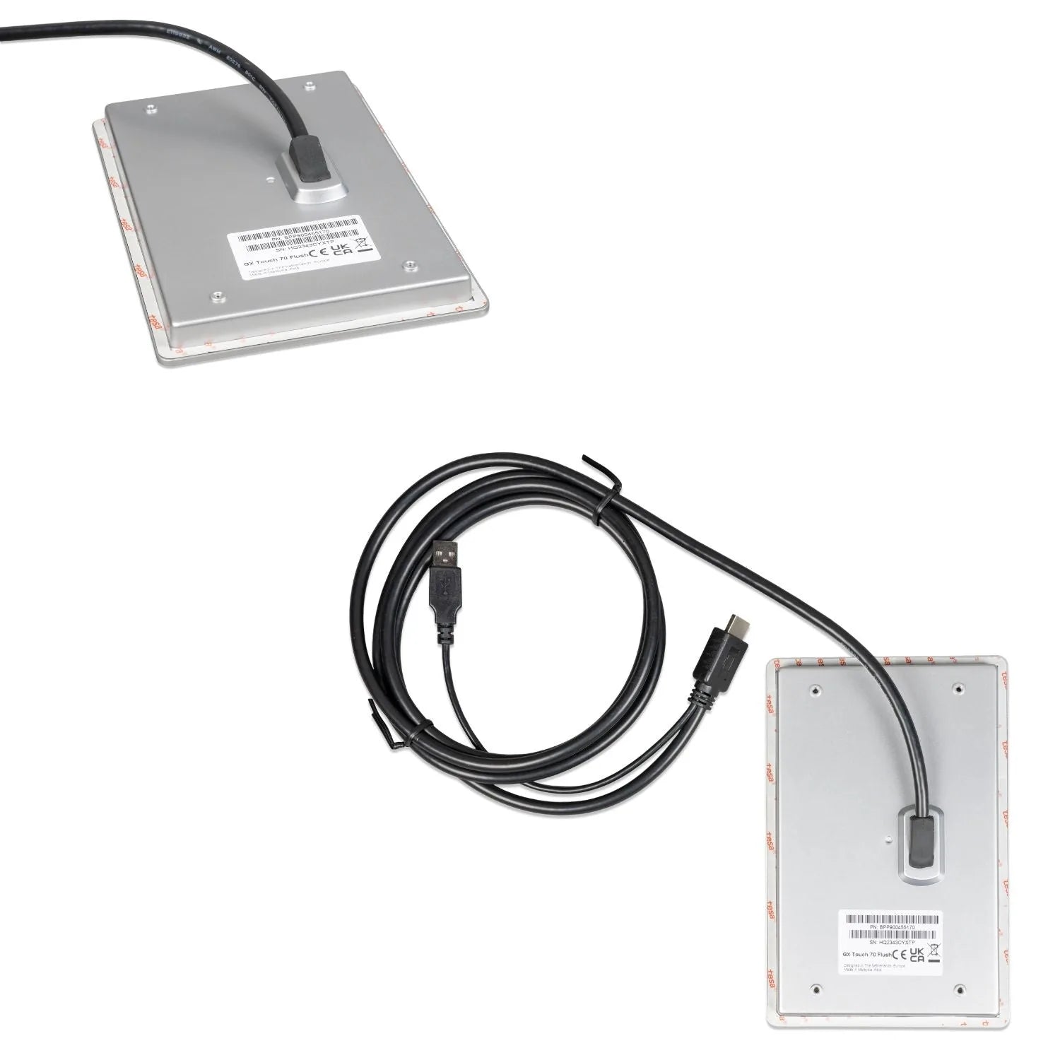 Victron GX Touch 70 display with USB cable and flush-mount bracket shown separately against white background.