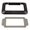 Two mounting bracket adapters shown disassembled, one black plastic trim ring and one gray metal mounting plate with installa