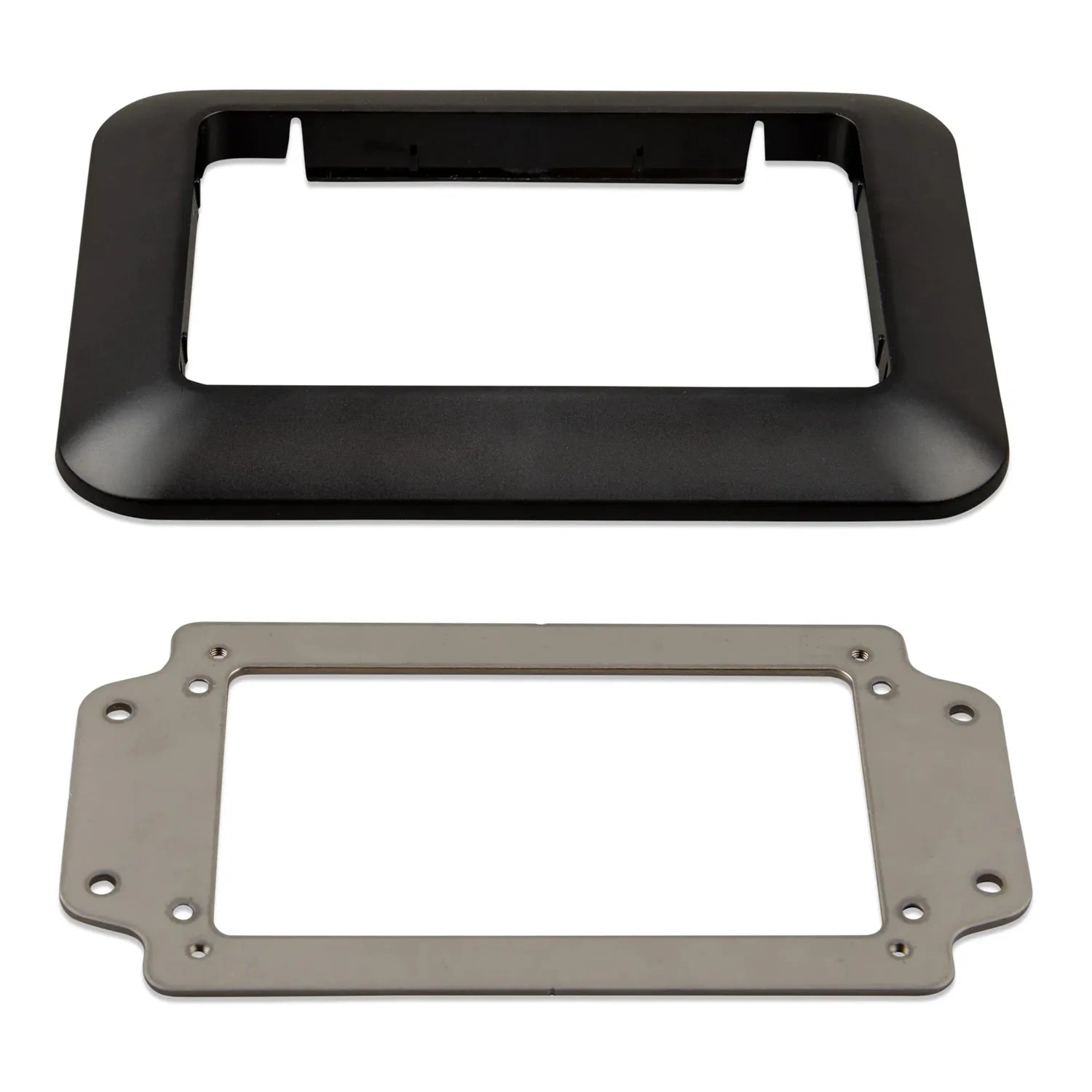 Two mounting bracket adapters shown disassembled, one black plastic trim ring and one gray metal mounting plate with installa