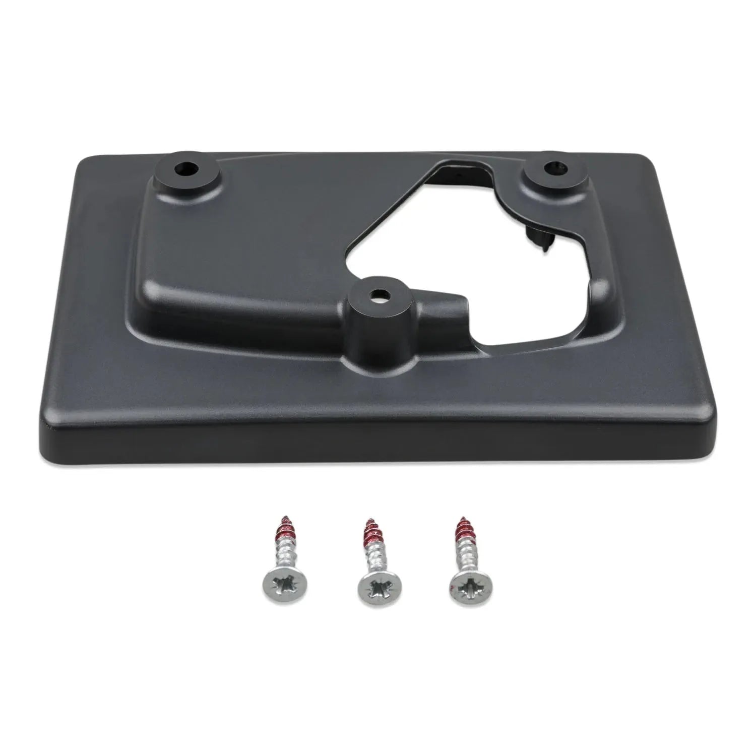 Black plastic wall mount bracket with cutout opening and three Phillips head screws displayed below.