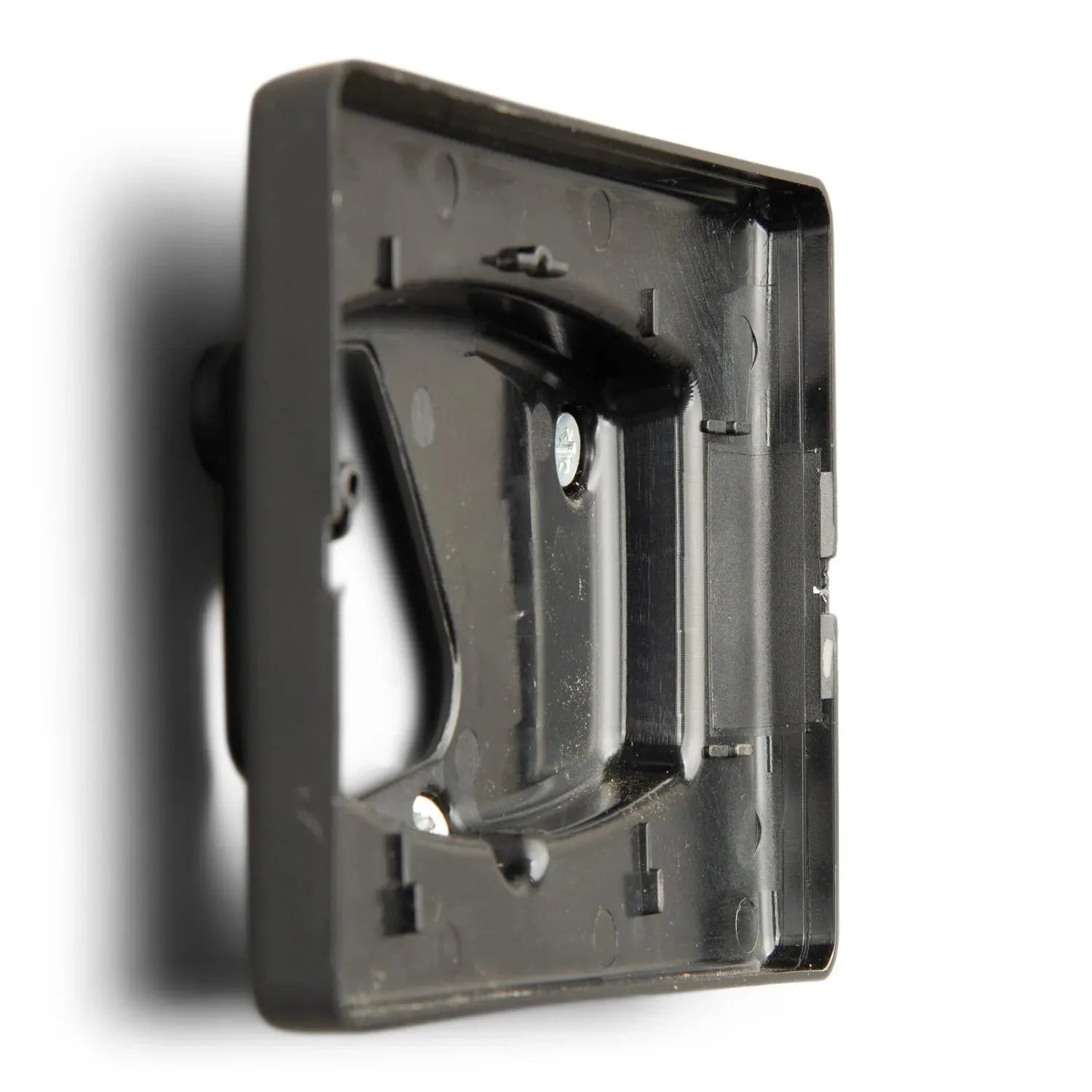 Black plastic wall-mount bracket for Victron GX Touch 50 display, shown from angled side view with mounting hardware visible.