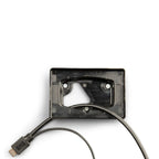 Black wall-mount bracket with HDMI cable attached, shown from front view against white background.