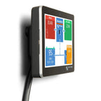 Victron GX Touch 70 display mounted on wall showing energy system diagram with shore power, absorption, AC loads, battery sta