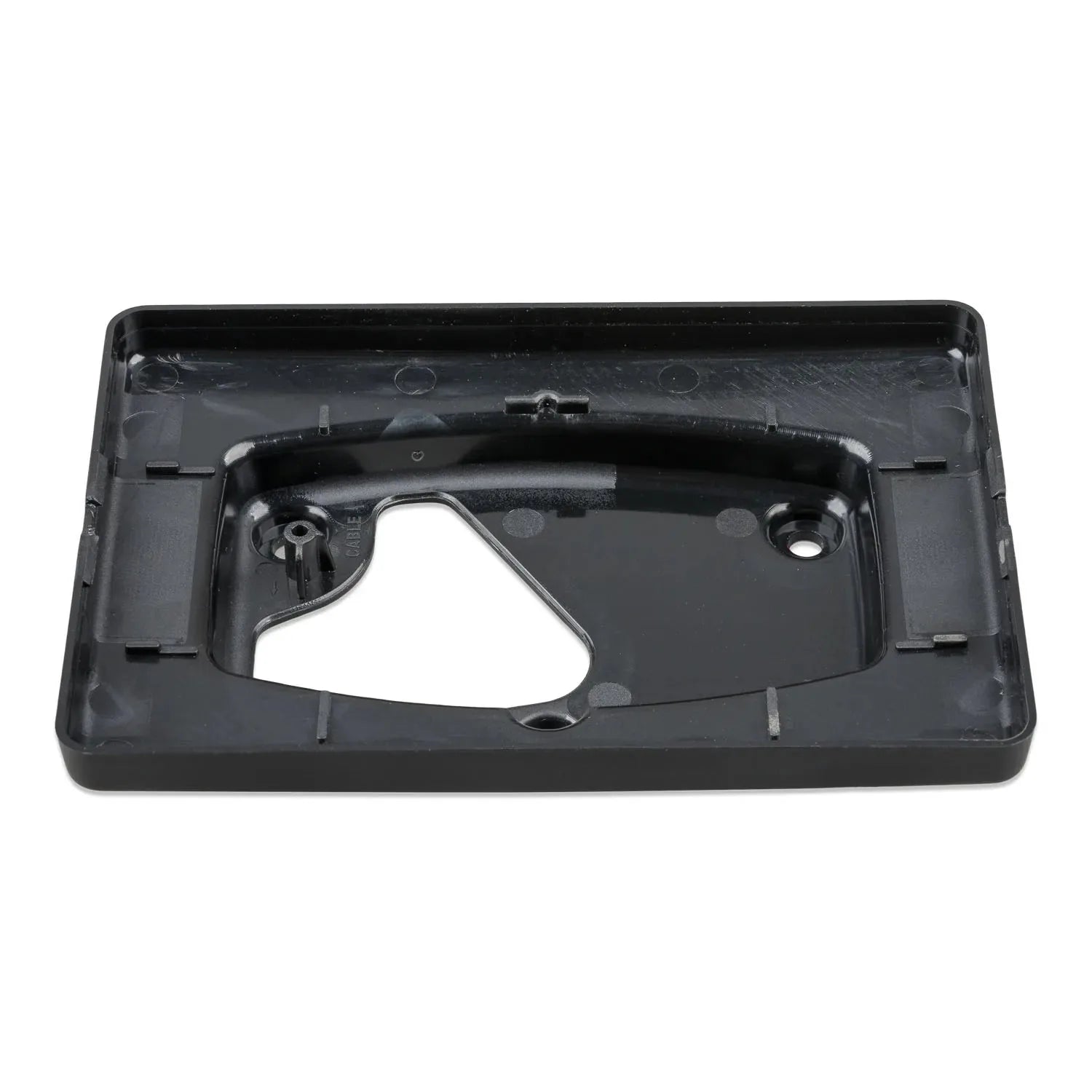 Black plastic wall mount bracket with central cutout and mounting points, rear view showing installation holes and attachment
