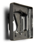 Black plastic wall mount bracket with curved mounting arm and installation holes, rear view detail shot.