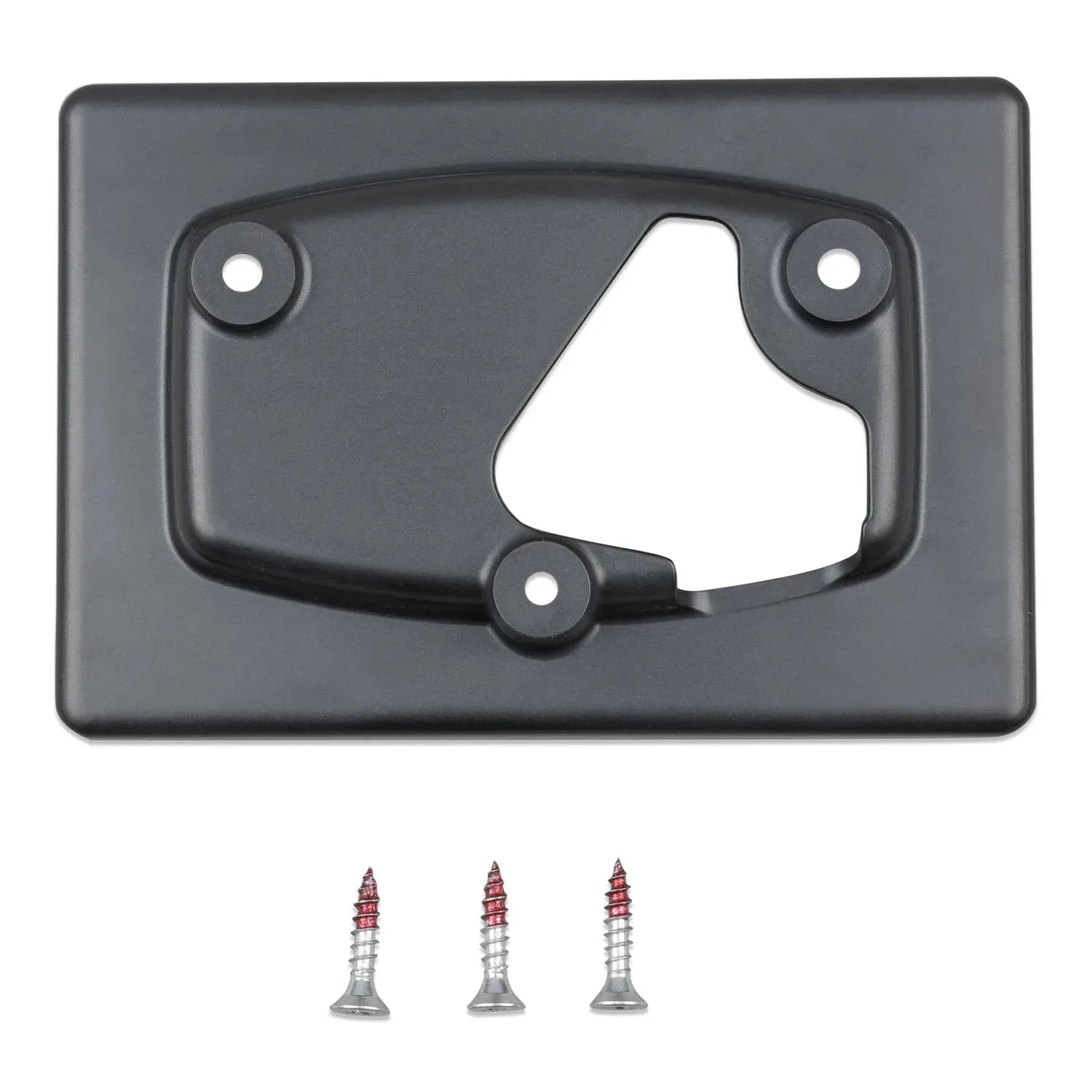 Dark gray wall mount bracket with three mounting holes and matching screws displayed below.