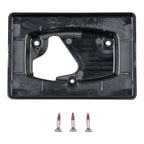 Black plastic wall mount bracket with central cutout and three silver wood screws with red heads displayed below.