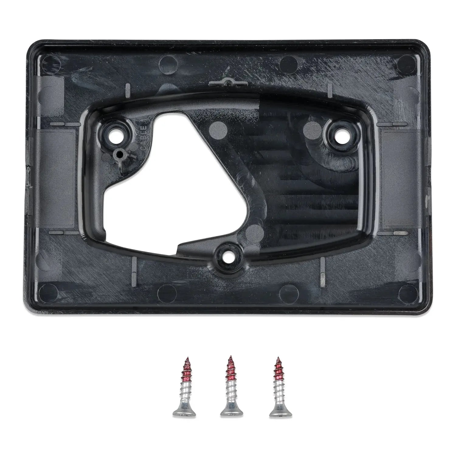 Black plastic wall mount bracket with central cutout and three silver wood screws with red heads displayed below.