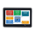 Victron Energy touchscreen display showing real-time power monitoring diagram with grid, inverter, battery, and load informat