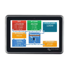 Victron Energy touchscreen display showing real-time power monitoring diagram with grid, inverter, battery, and load informat
