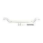 White mounting bracket with angled side tabs and hardware components displayed below including screws and washers.