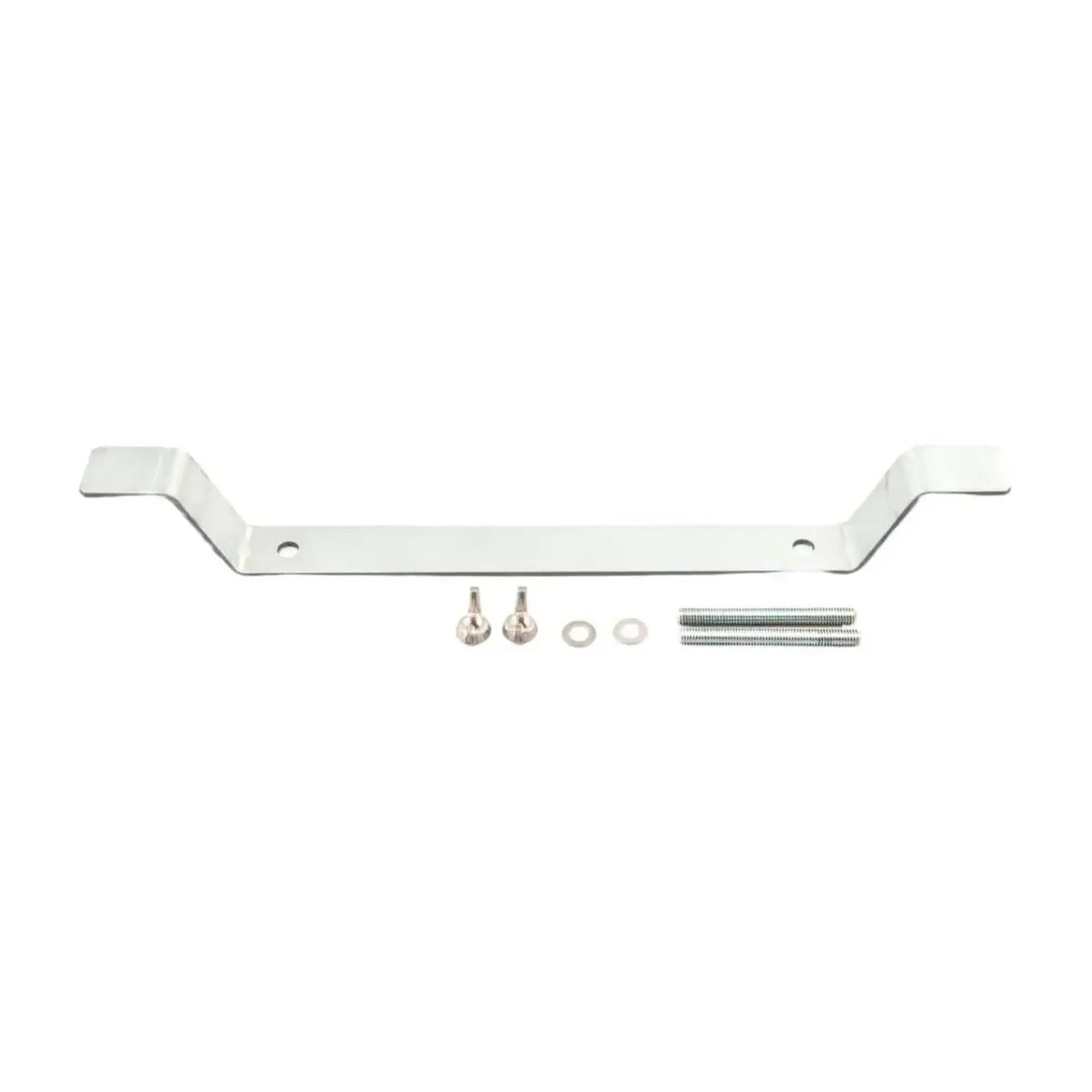 White mounting bracket with angled side tabs and hardware components displayed below including screws and washers.