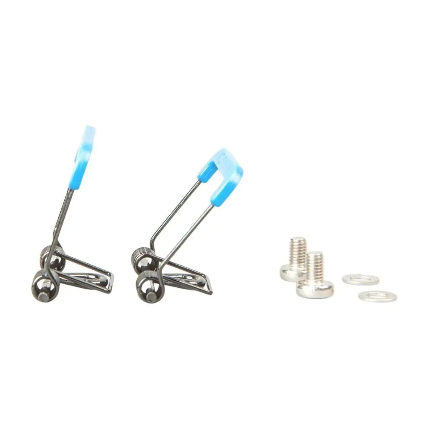 Victron mounting hardware kit showing two metal bracket assemblies with blue handles and stainless steel screws and washers.