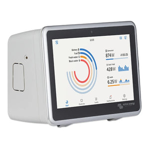 Victron Energy monitoring display showing battery, fuel, water levels and generator output of 874W on screen.