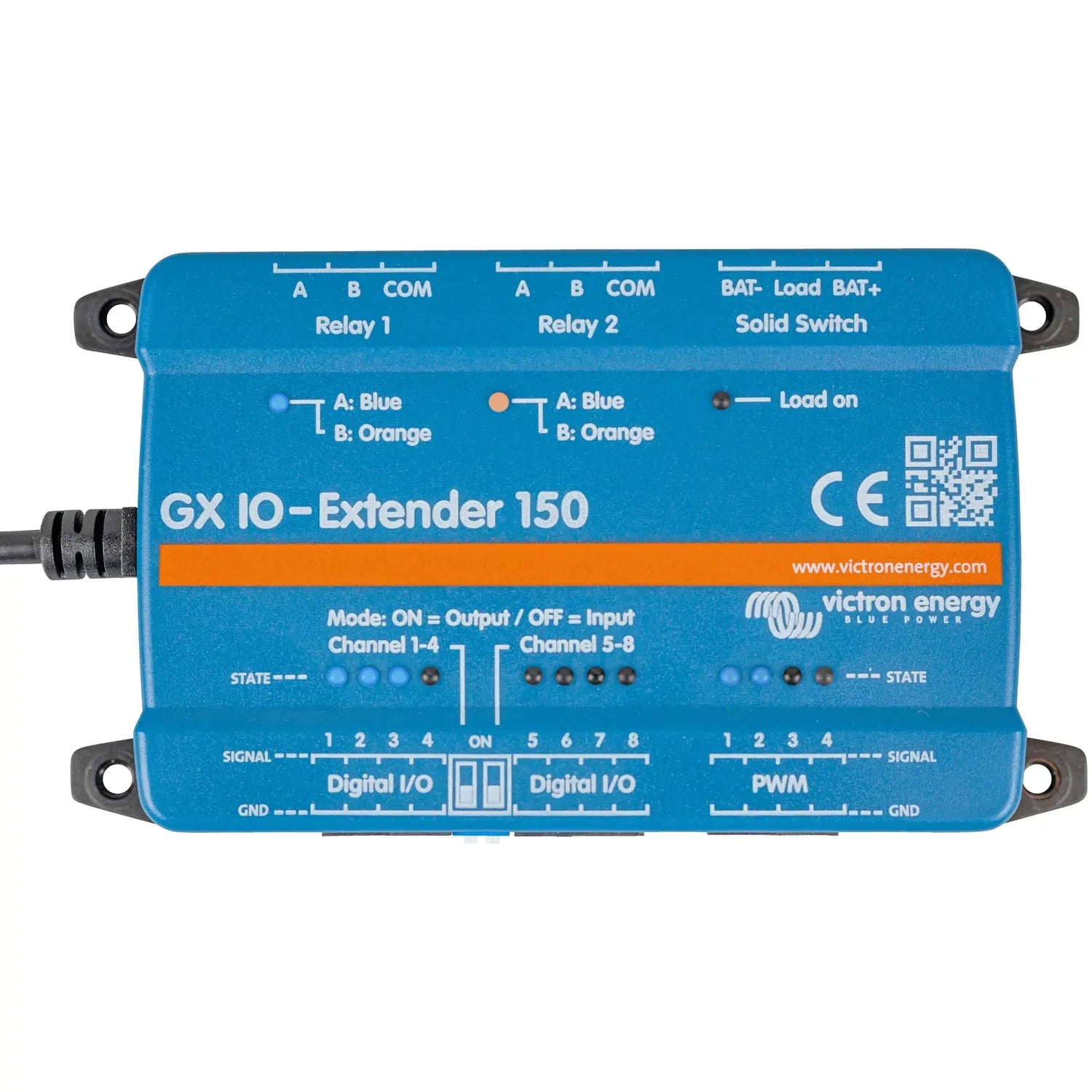 Victron GX IO-Extender 150 blue control module with relay and solid switch terminals, viewed from front.