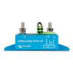 Victron BatteryProtect 12/24 65A battery isolator viewed from front, blue housing with two metal threaded terminals, green co