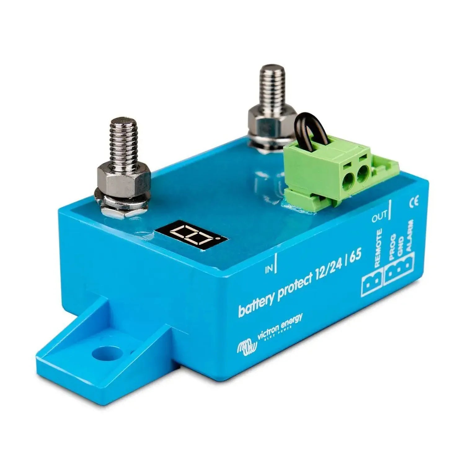 Blue battery protect device with two threaded terminals, green terminal block connector, and LED indicator display on top sur