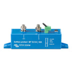 Blue battery protection device with two metal terminals labeled OUT and IN, green terminal block on right, and connection por