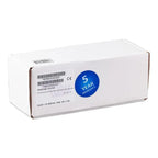 White rectangular product box with brown cardboard edges, blue 5 year warranty circle, barcode and model number visible on fr