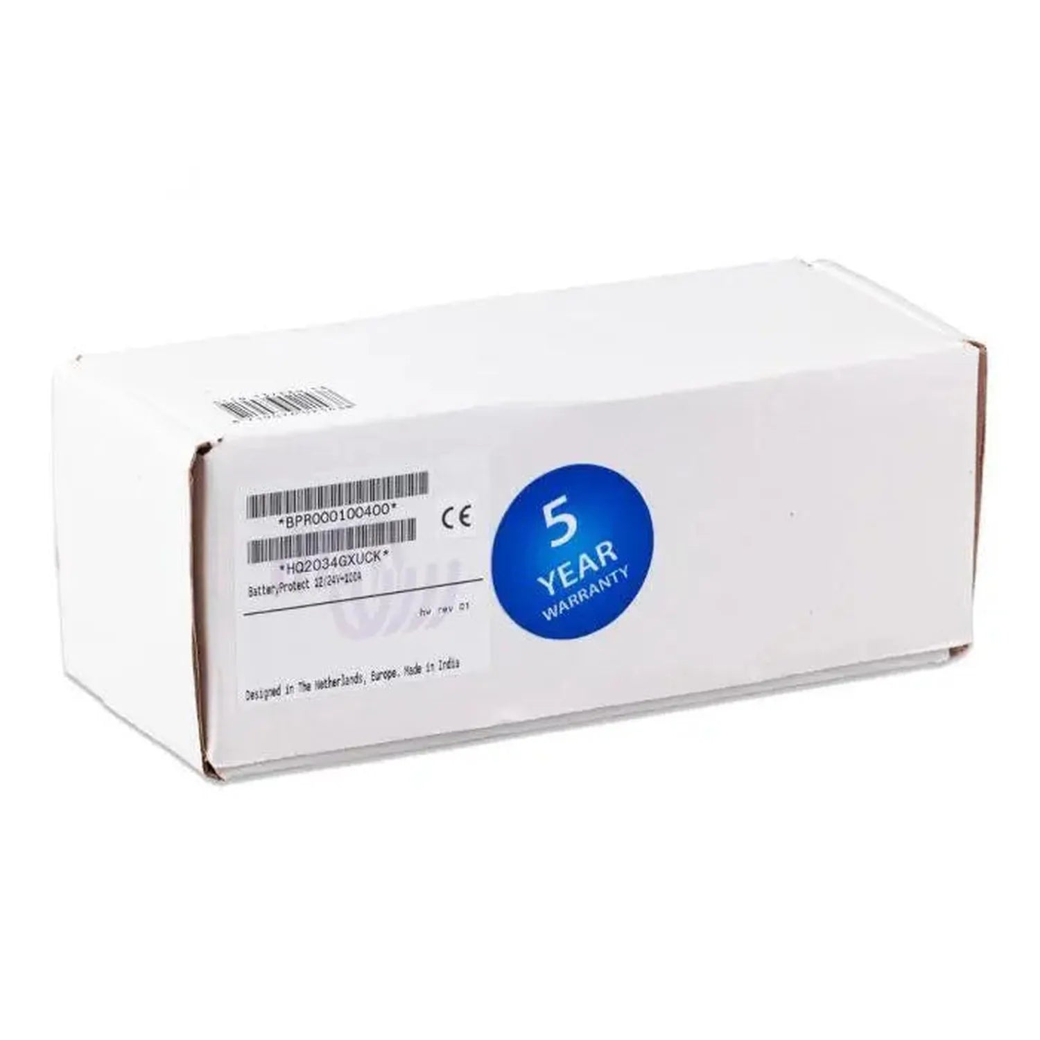White rectangular product box with brown cardboard edges, blue 5 year warranty circle, barcode and model number visible on fr