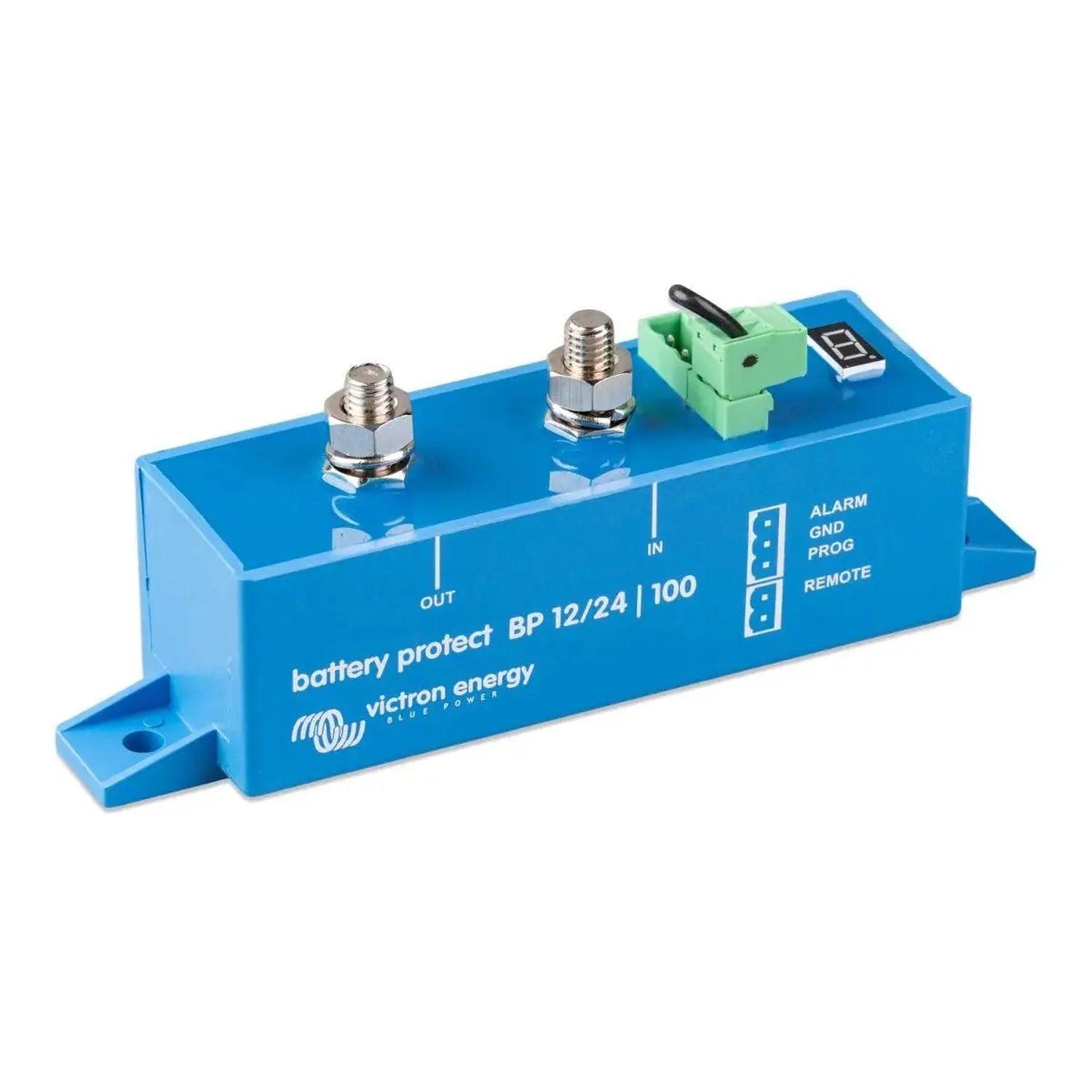 Victron battery protect BP 12/24-100 device with blue housing, two metal terminals, green terminal block, and digital display