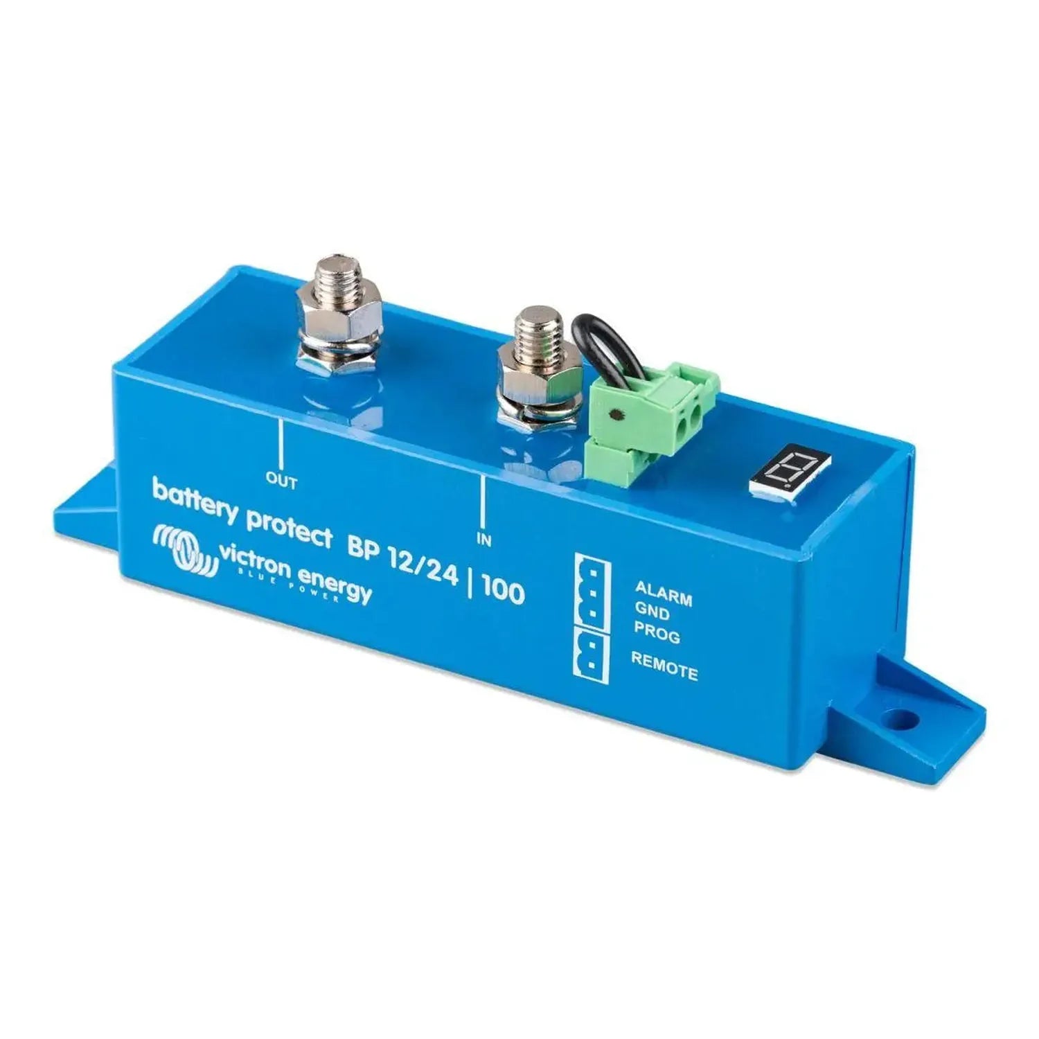 Blue Victron Battery Protect BP 12/24 100 device with two large bolt terminals, green connector block, digital display, and l