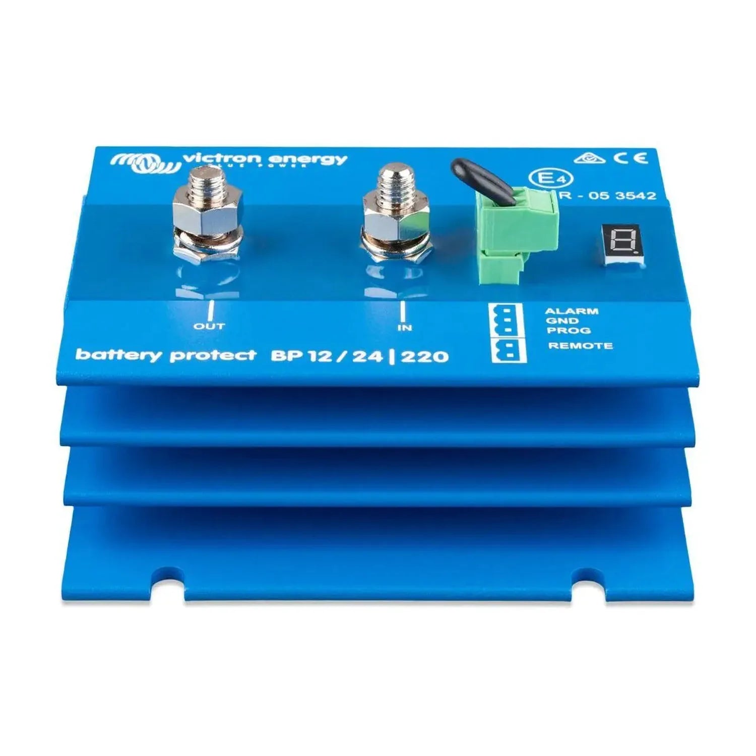 Victron Energy blue battery protect device with two metal terminal connectors, green terminal block, and digital display, mou