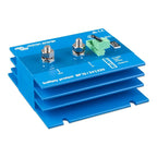 Blue Victron battery protect device with two metal terminals, green terminal block, LED display, and alarm controls mounted o