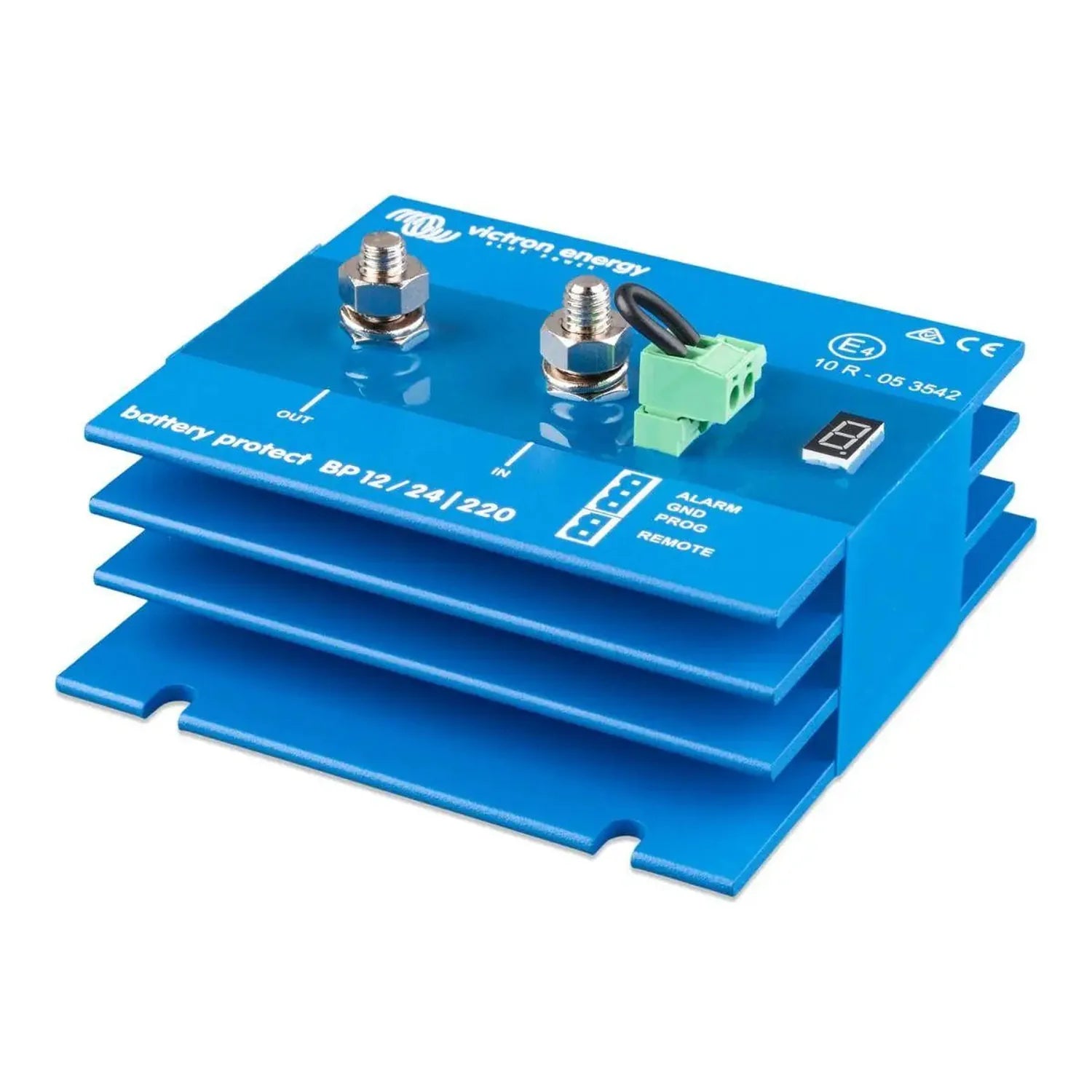 Blue battery protect device with two metal terminals and green connector block, shown with aluminum heatsink fins against whi