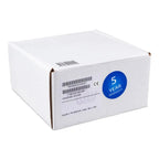 White cardboard shipping box with blue 5-year warranty circle and product barcode labels, front view.